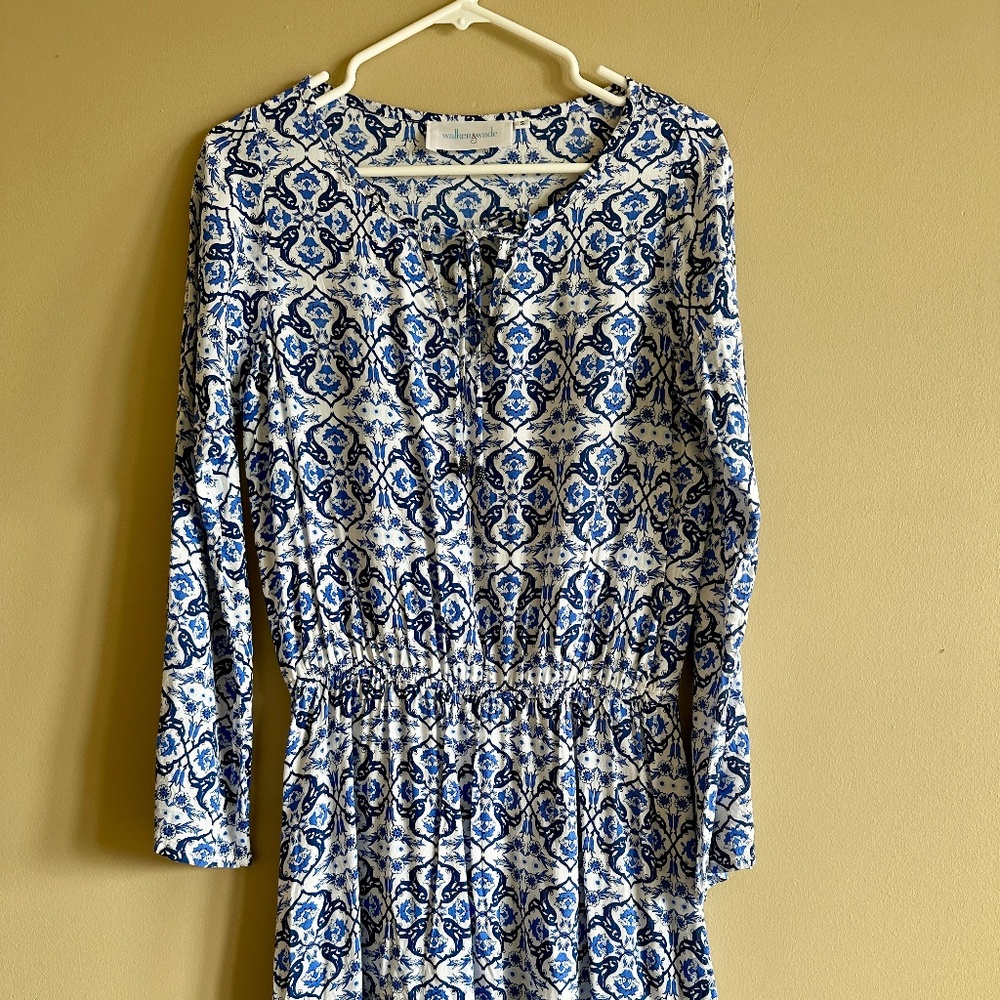 Walker & Wade Ibiza Dress Marine Blue Ruffle Hem Long Sleeve Size Small